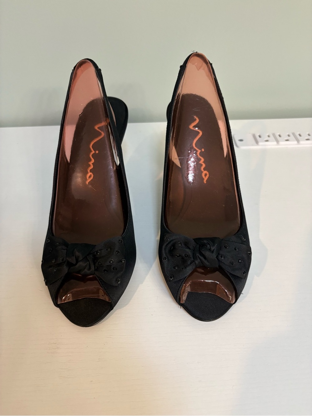 Nina Black Open-Toe Bow Slingback Heels